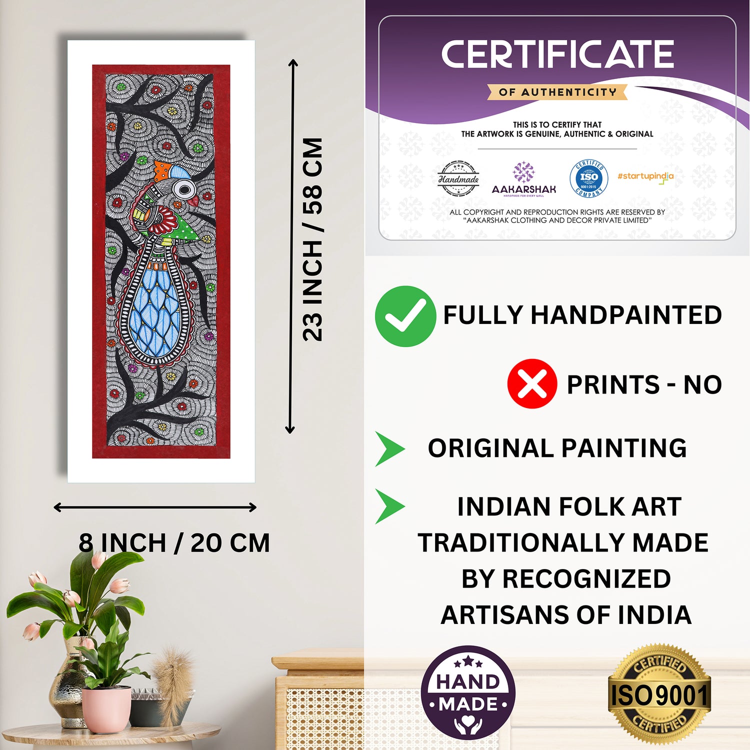 Framed artwork with dimensions, authenticity certificate and handmade iso certified-peacock madhubani painting