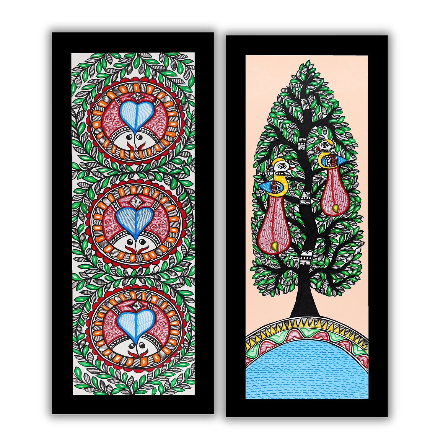 Handmade Madhubani Painting Set of 2 – Fish & Peacock Wall Decor 8x23