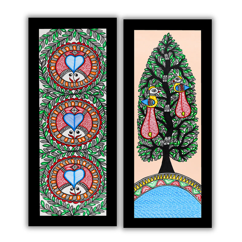 Handmade Madhubani Painting Set of 2 – Fish & Peacock Wall Decor 8x23