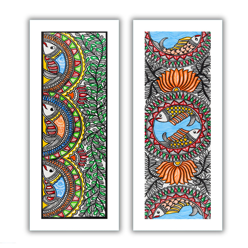 Handmade Madhubani Painting Set of 2 – Fish & Fish Wall Decor 8x23