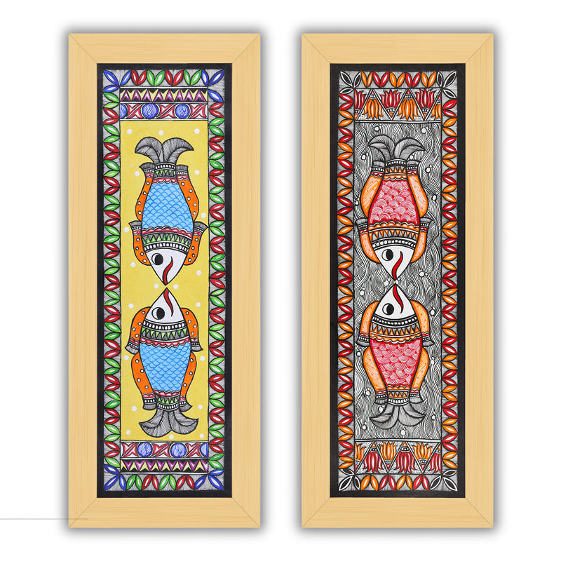 Handmade Madhubani Painting Set of 2 – Fish & Fish Wall Decor 8x23