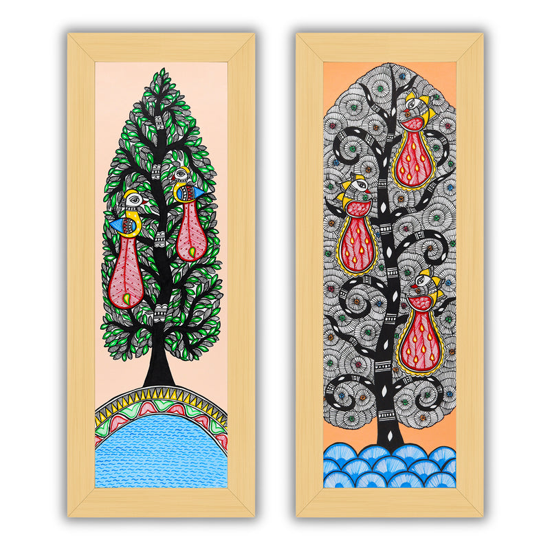Handmade Madhubani Painting Set of 2 – Peacock and Peacock Wall Decor 8x23