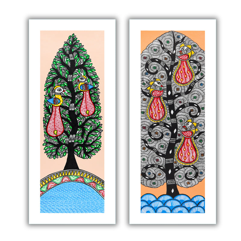 Handmade Madhubani Painting Set of 2 – Peacock and Peacock Wall Decor 8x23