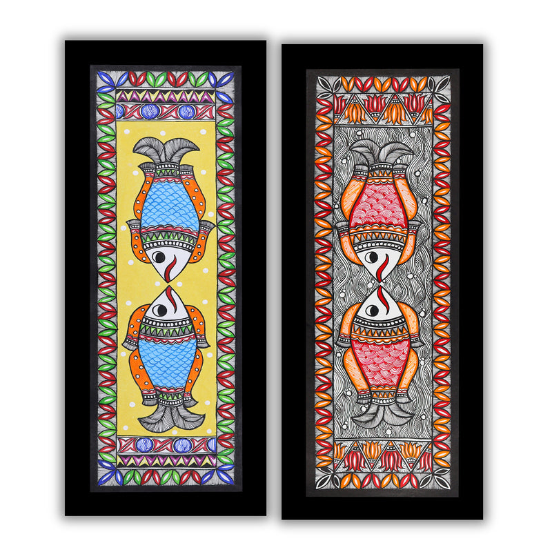 Handmade Madhubani Painting Set of 2 – Fish & Fish Wall Decor 8x23