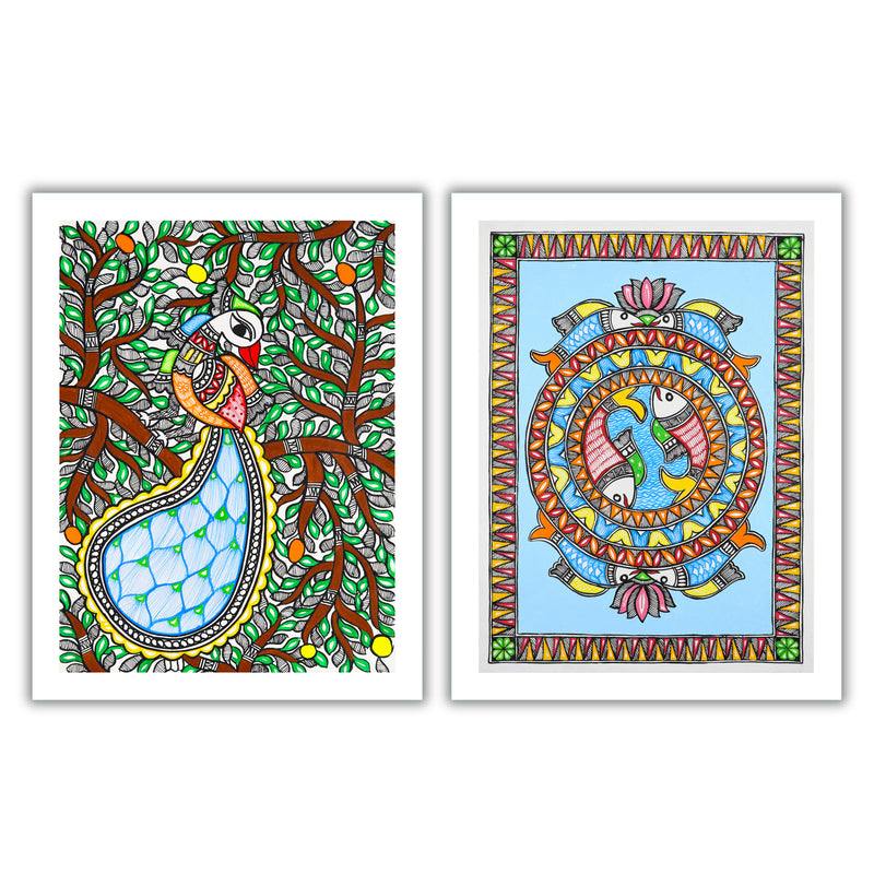 Handmade Madhubani Painting Set of 2 –  Peacock and Fish  12x16