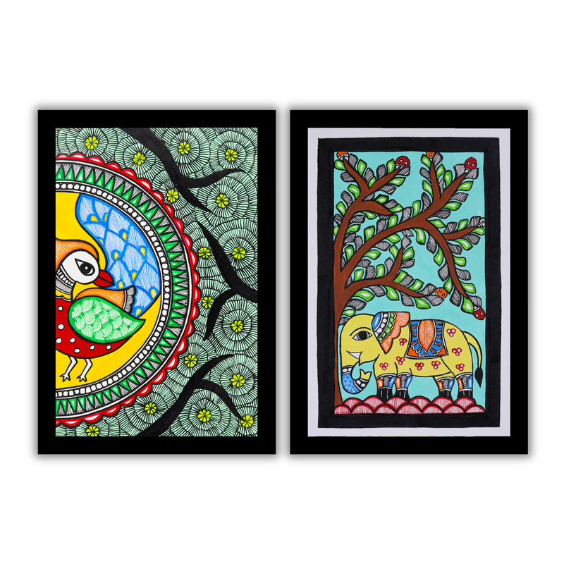Handmade Peacock and Elephant Madhubani Painting 8x12 Set of 2