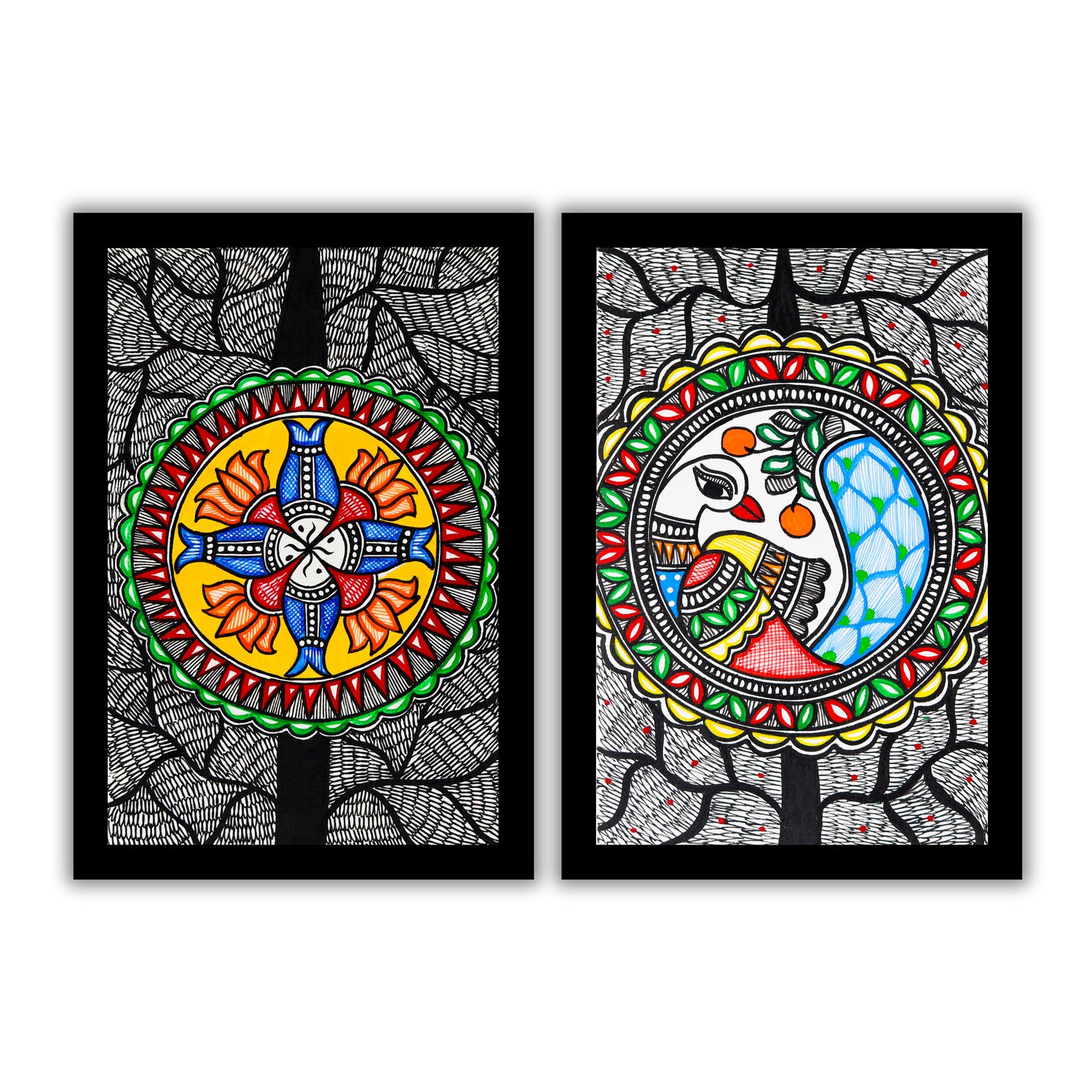 Handmade Fish and Peacock Madhubani Painting 8x12 Set of 2