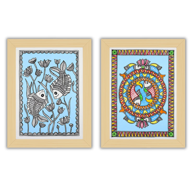 Handmade Madhubani Painting Set of 2 – Fish 12x16