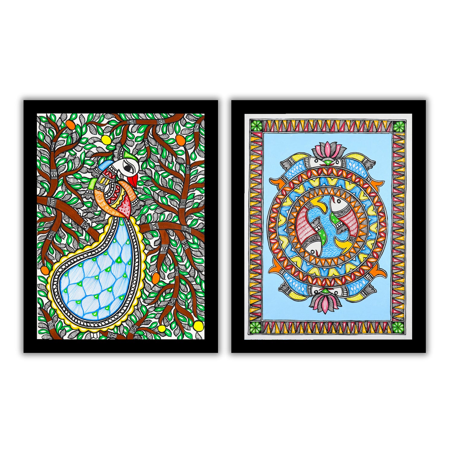 Handmade Madhubani Painting Set of 2 –  Peacock and Fish  12x16