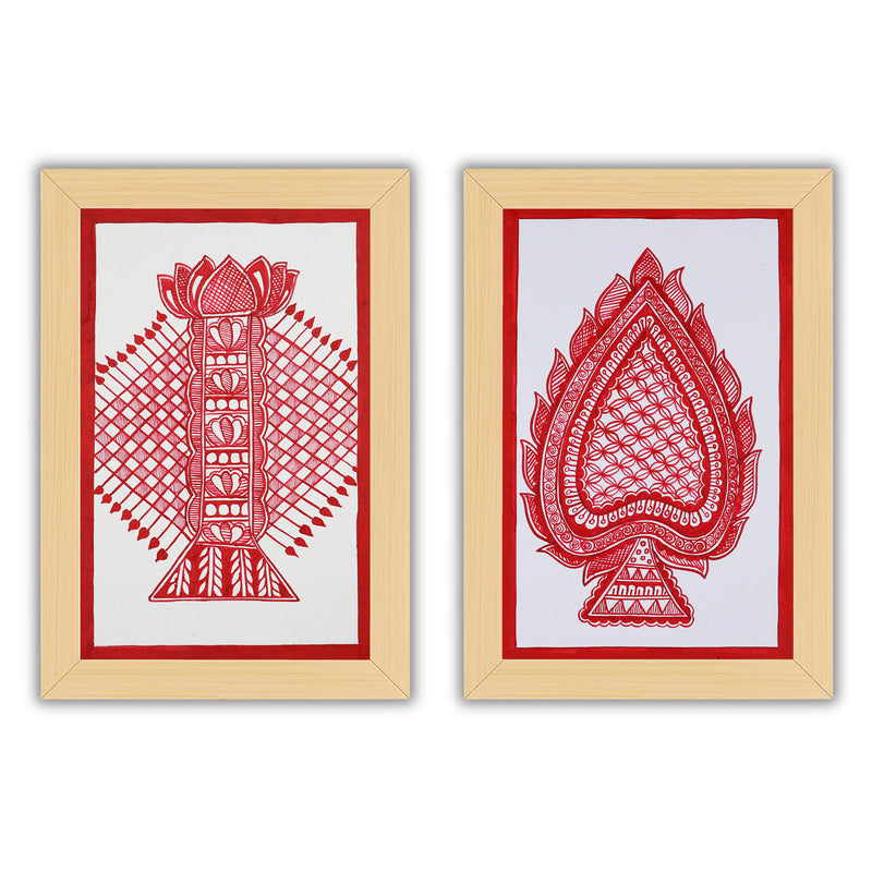 Handmade Bamboo and Paan  Madhubani Painting 8x12 Set of 2