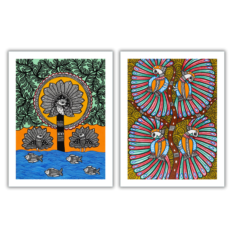 Handmade Madhubani Painting Set of 2 – Peacock 12x16