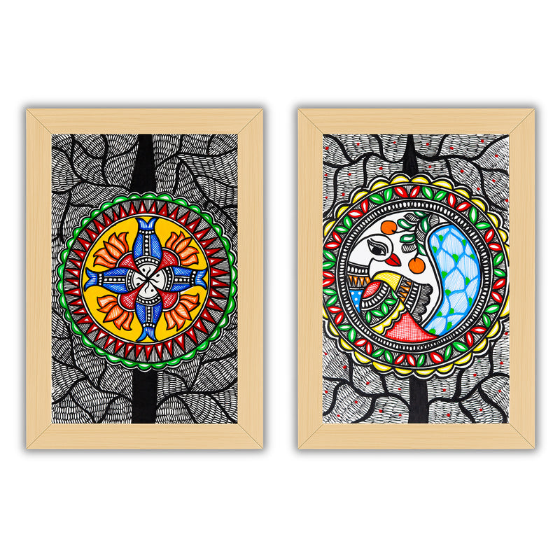 Handmade Fish and Peacock Madhubani Painting 8x12 Set of 2