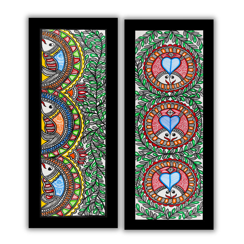 Handmade Madhubani Painting Set of 2 – Fish & Fish Wall Decor 8x23