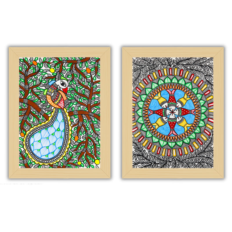 Handmade Madhubani Painting Set of 2 –  Peacock and Fish  12x16