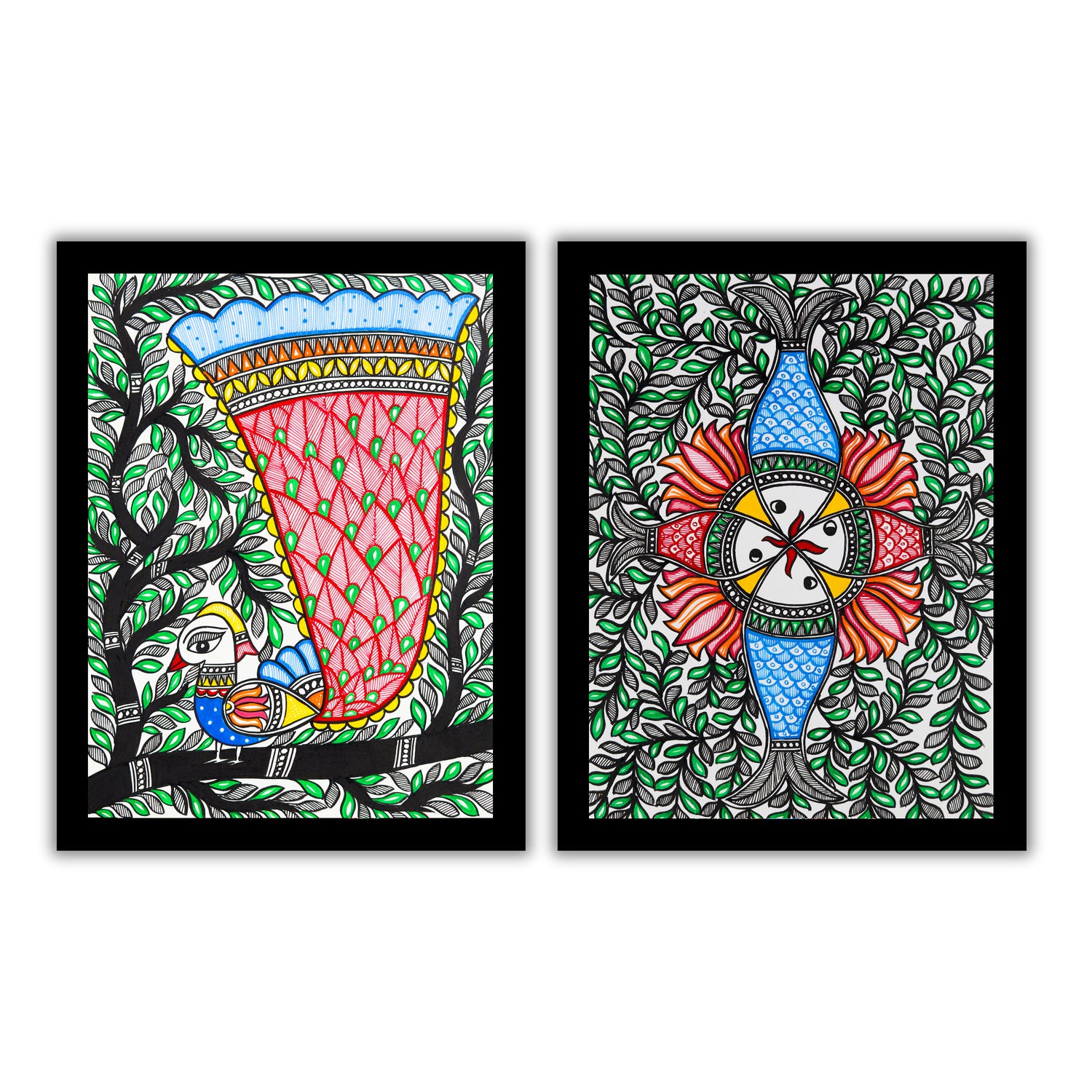Handmade Madhubani Painting Set of 2 –  Peacock and Fish  12x16