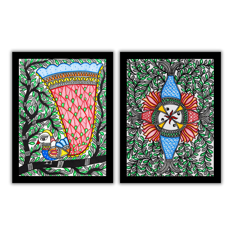 Handmade Madhubani Painting Set of 2 –  Peacock and Fish  12x16