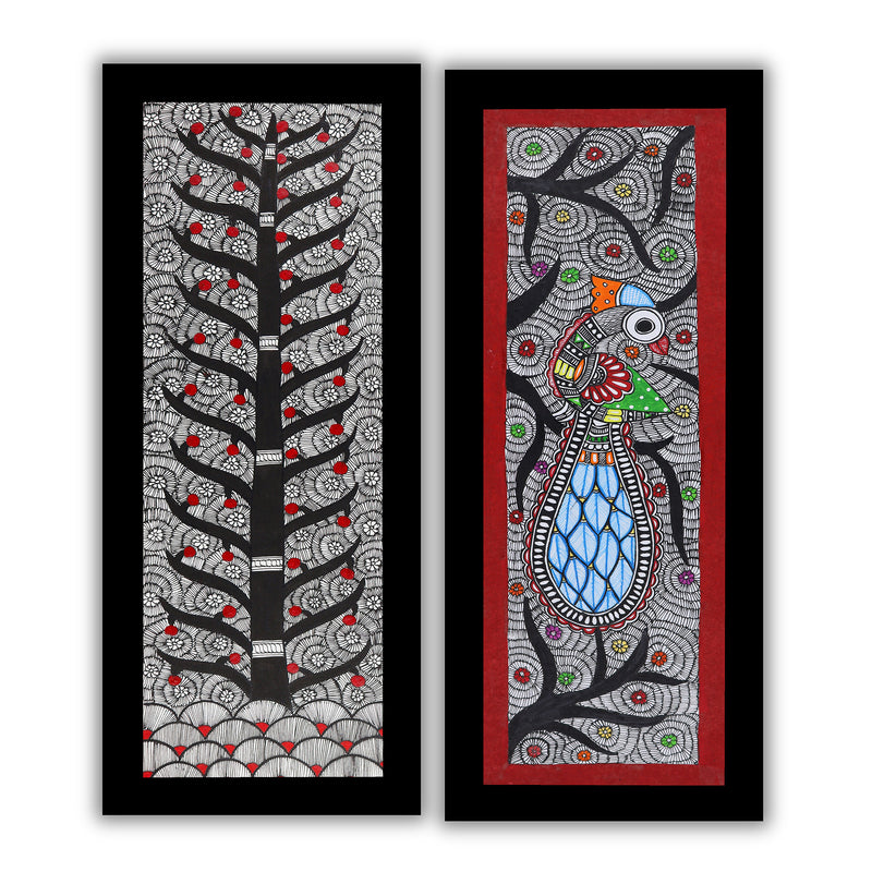 Handmade Madhubani Painting Set of 2 – Tree of life & Peacock 8x23