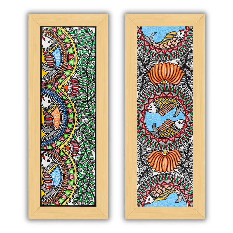 Handmade Madhubani Painting Set of 2 – Fish & Fish Wall Decor 8x23