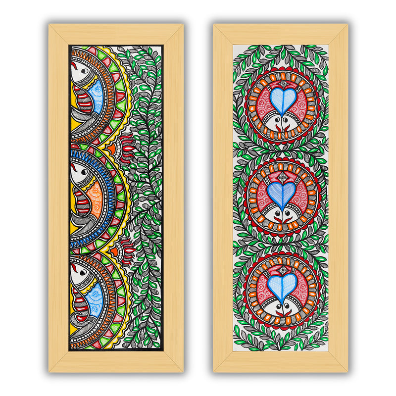 Handmade Madhubani Painting Set of 2 – Fish & Fish Wall Decor 8x23