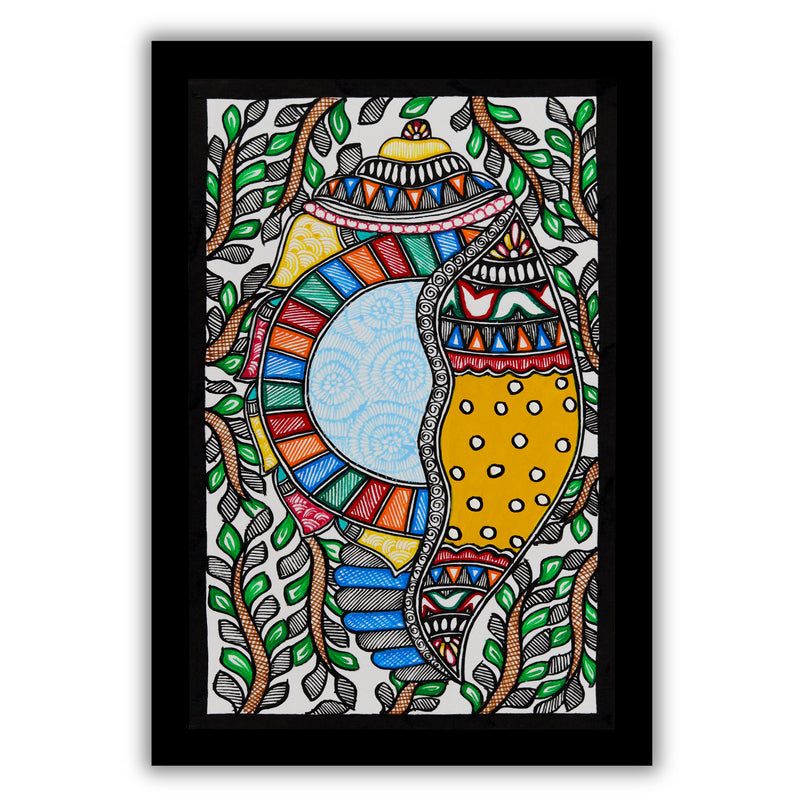 Handmade Madhubani Shankh Painting 8x12 Inch Framed Indian Wall Decor