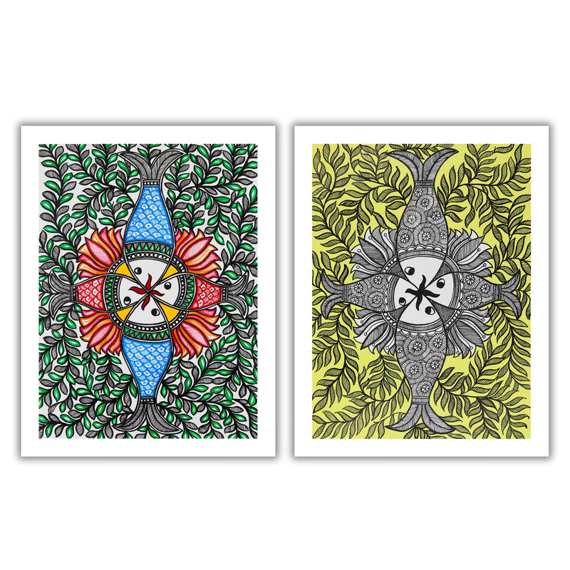 Handmade Madhubani Painting Set of 2 – Fish 12x16