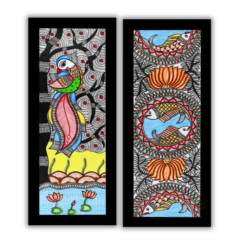 Handmade Madhubani Painting Set of 2 – Peacock and Fish Wall Decor 8x23