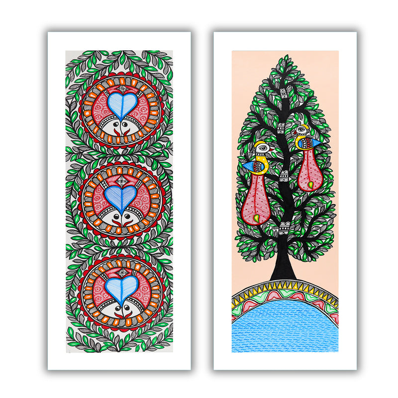 Handmade Madhubani Painting Set of 2 – Fish & Peacock Wall Decor 8x23