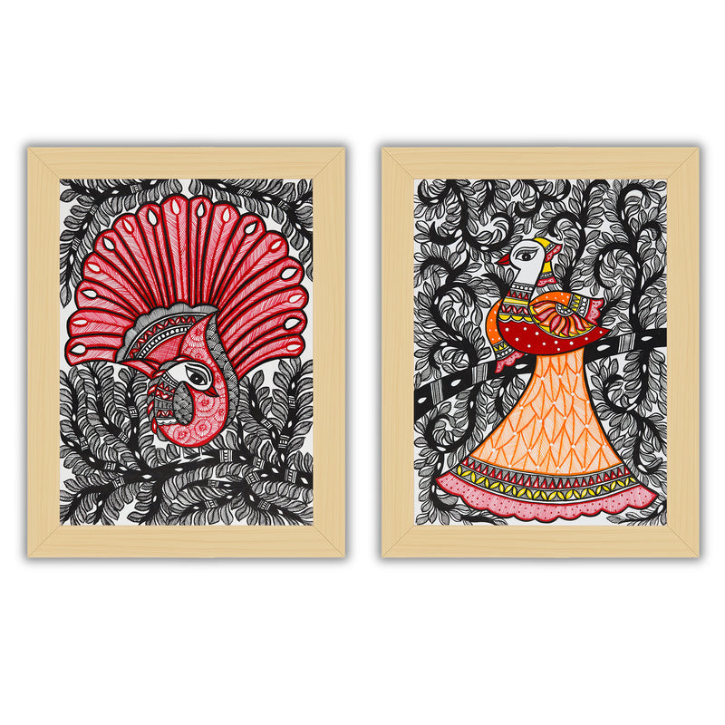 Handmade Madhubani Painting Set of 2 – Dancing peacock 12x16