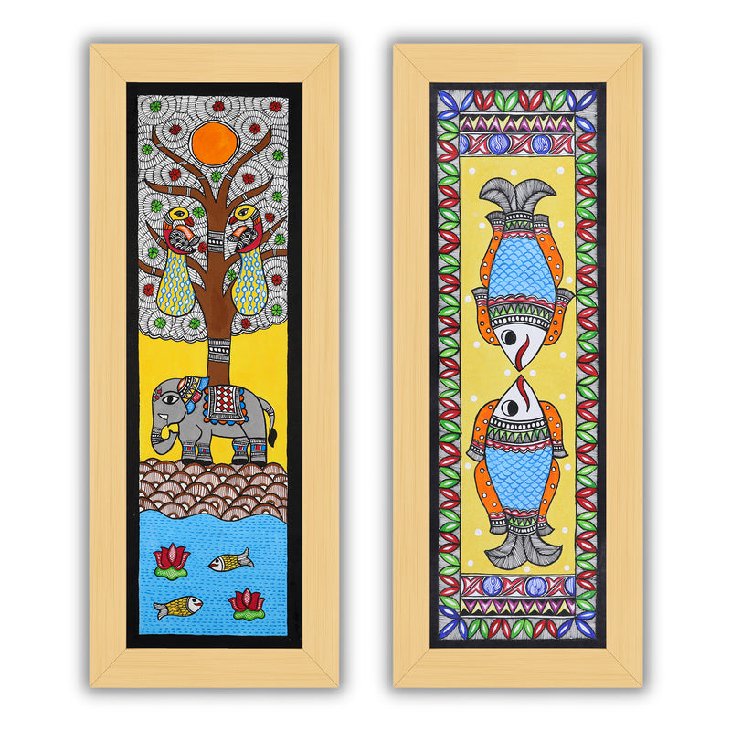 Handmade Madhubani Painting Set of 2 – Elephant & Fish Wall Decor 8x23