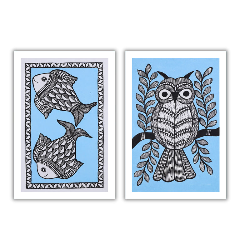 Handmade Fish and Owl Madhubani Painting 8x12 Set of 2