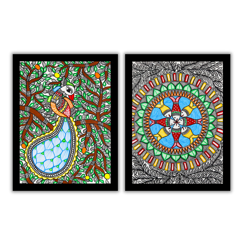 Handmade Madhubani Painting Set of 2 –  Peacock and Fish  12x16