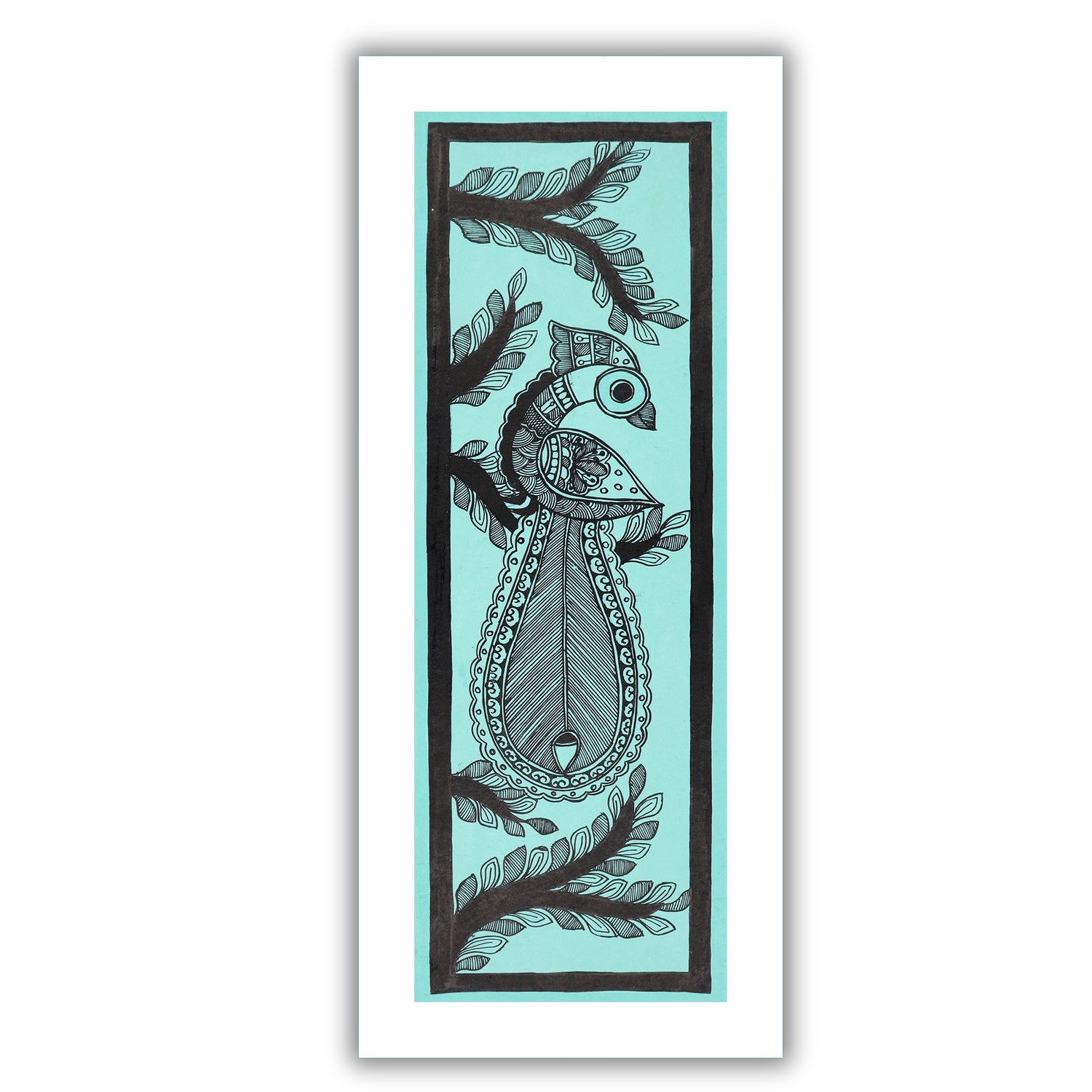 Framed artwork of a colorful peacock-with handmade madhubani painting 