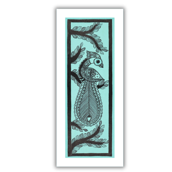 Framed artwork of a colorful peacock-with handmade madhubani painting 
