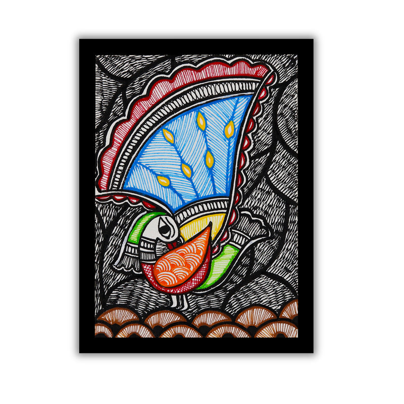 Handmade Madhubani Peacock Painting 6x8 Inch Framed Indian Wall Decor