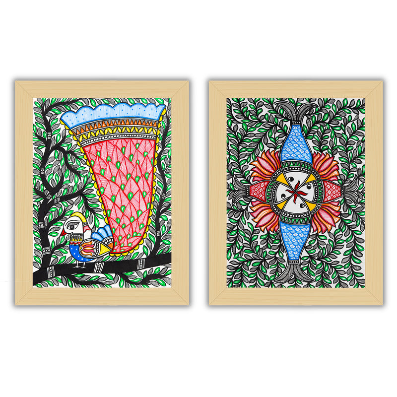 Handmade Madhubani Painting Set of 2 –  Peacock and Fish  12x16