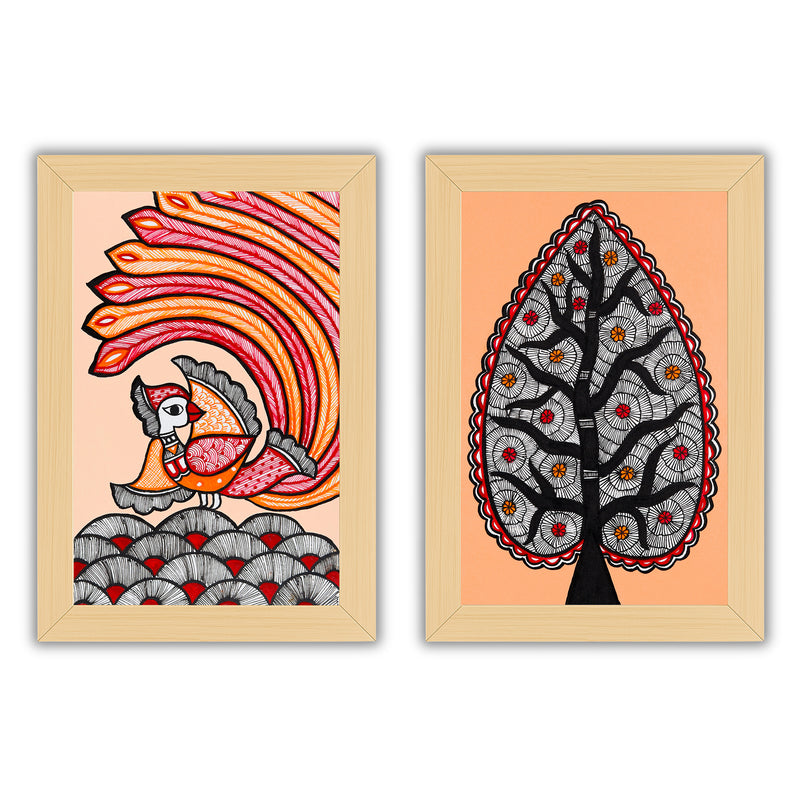 Handmade Peacock and Tree of life Madhubani Painting 8x12 Set of 2