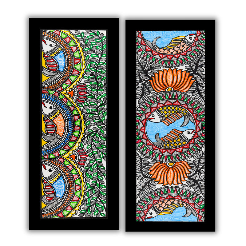 Handmade Madhubani Painting Set of 2 – Fish & Fish Wall Decor 8x23