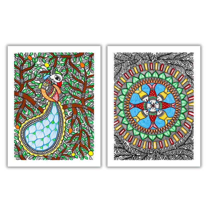Handmade Madhubani Painting Set of 2 –  Peacock and Fish  12x16