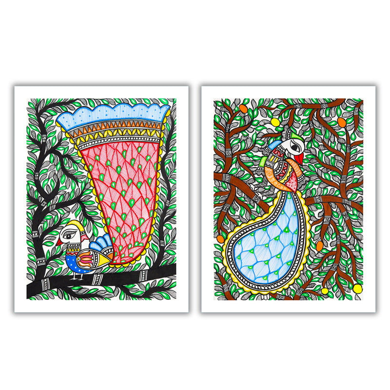 Handmade Madhubani Painting Set of 2 –  Peacock 12x16