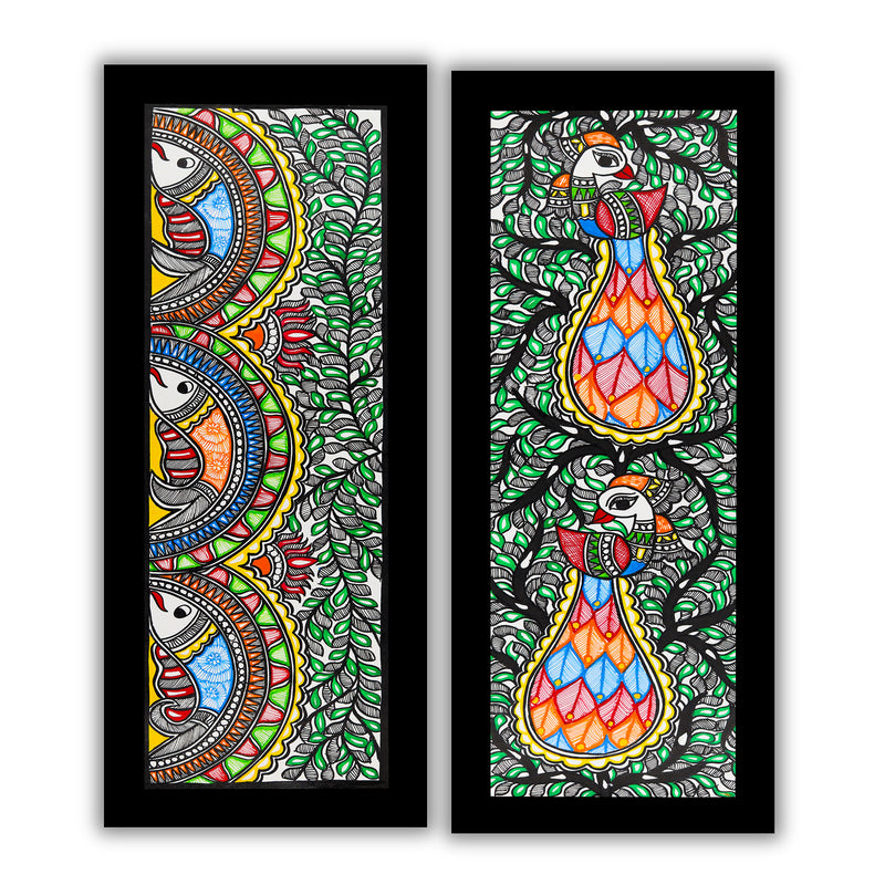 Handmade Madhubani Painting Set of 2 – Fish & Peacock Wall Decor 8x23