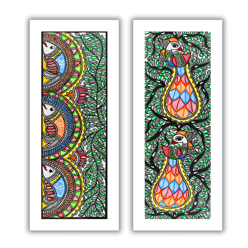 Handmade Madhubani Painting Set of 2 – Fish & Peacock Wall Decor 8x23