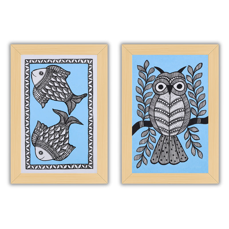 Handmade Fish and Owl Madhubani Painting 8x12 Set of 2