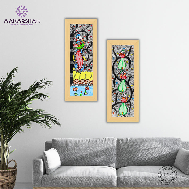 Handmade Madhubani Painting Set of 2 – Peacock and Peacock Wall Decor 8x23
