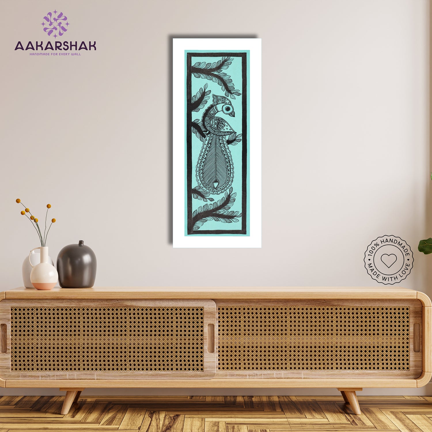 Framed artwork with peacock design -handmade madhubani painting for home decor