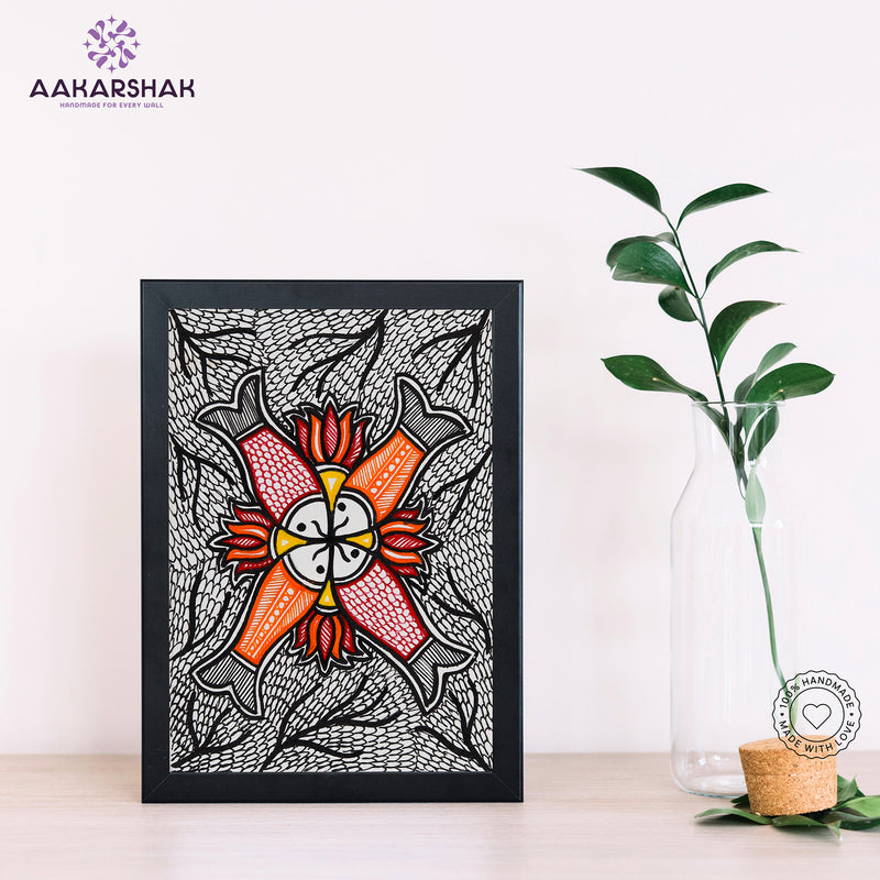Handmade Madhubani Fish Painting 6x8 Inch Framed Indian Wall Decor