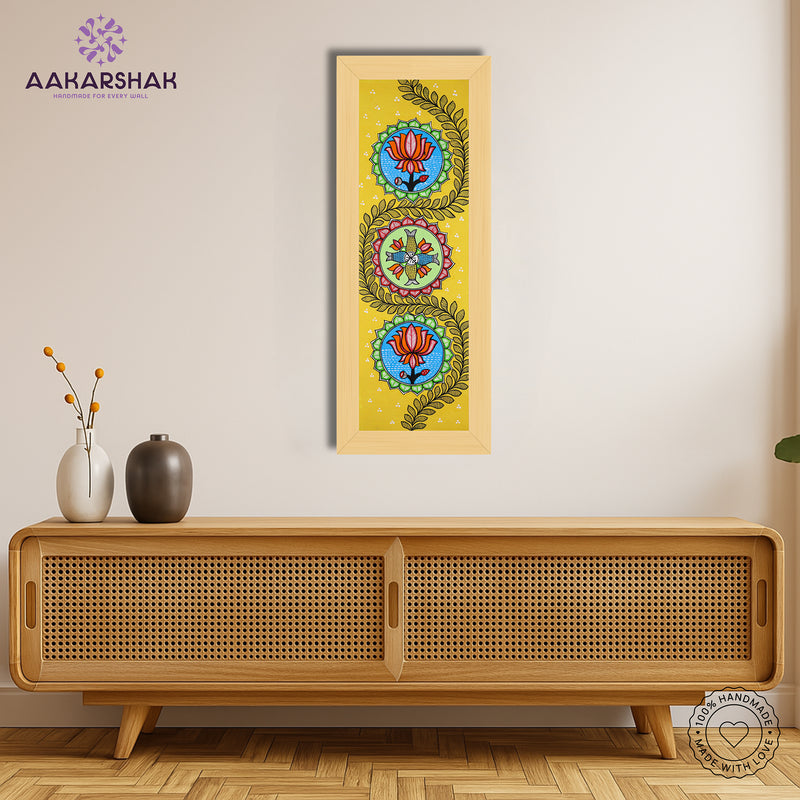 Framed artwork with lotus design -handmade madhubani painting for home decor