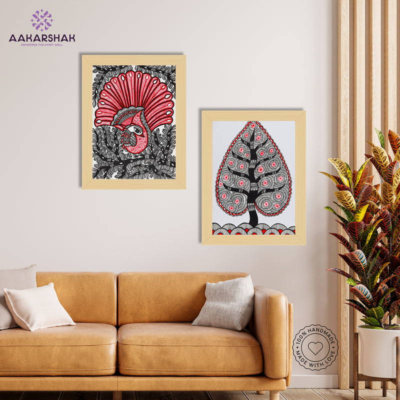 Handmade Madhubani Painting Set of 2 – Peacock and Tree of life 12x16