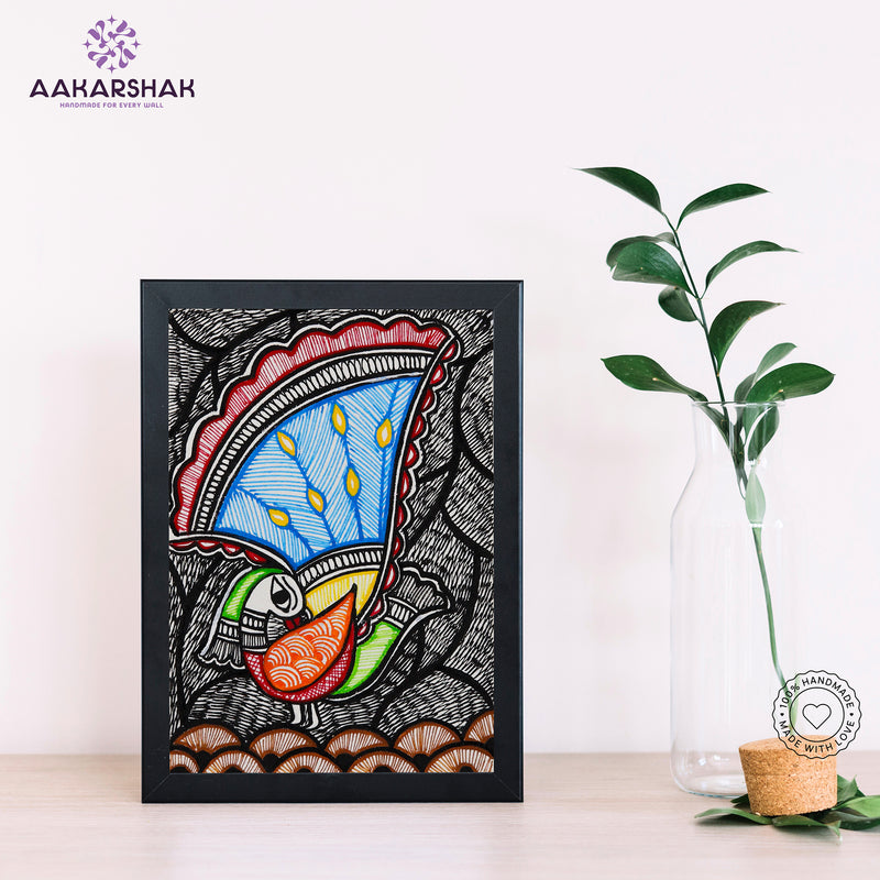 Handmade Madhubani Peacock Painting 6x8 Inch Framed Indian Wall Decor