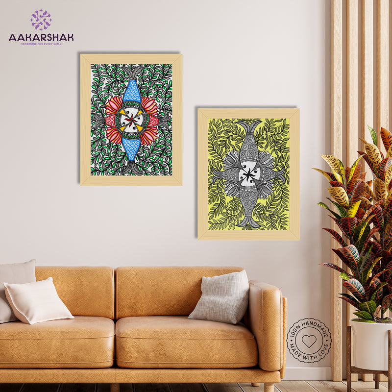Handmade Madhubani Painting Set of 2 – Fish 12x16