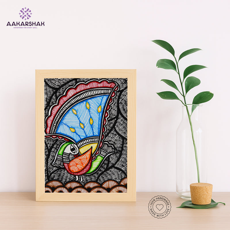 Handmade Madhubani Peacock Painting 6x8 Inch Framed Indian Wall Decor